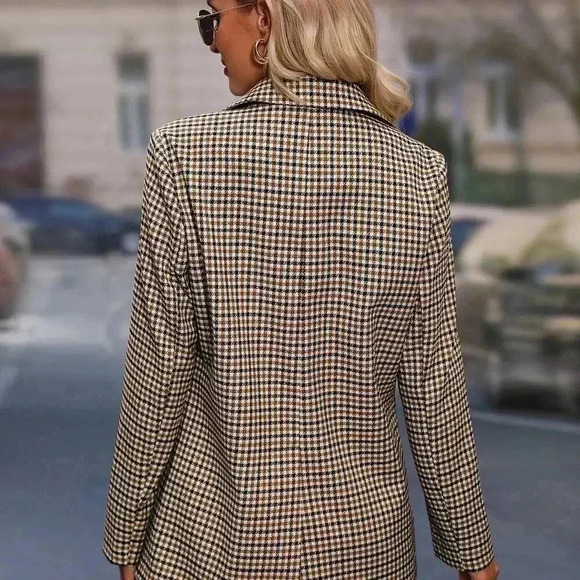 Apricot Elegant Women's Plaid Print Double Breasted Blazer - Picture 3 of 5
